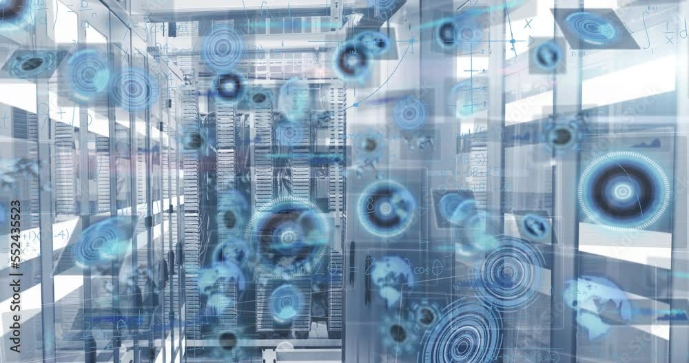 Animation of data processing over server room Animation of data processing over server room