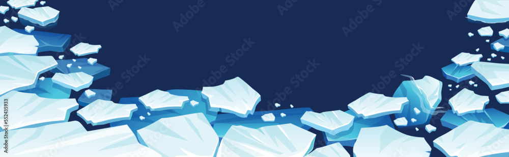 Atlantic, antarctic floes, glaciers and icebergs floating on surface. Isolated masses of cracked ice. Global warming, climate change. Frozen blue water. View from above.