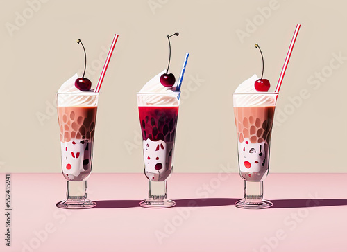 photography of three glasses of milkshake with a cherry on top and a straw  - AI Generated