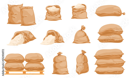 Farmer bags with cereals, grain. Storage of rice in bags. Transportation of grain in fabric bags. Vector illustration
