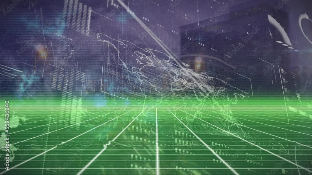 Animation of neon lines and data processing over cityscape Animation of neon lines and data processing over cityscape