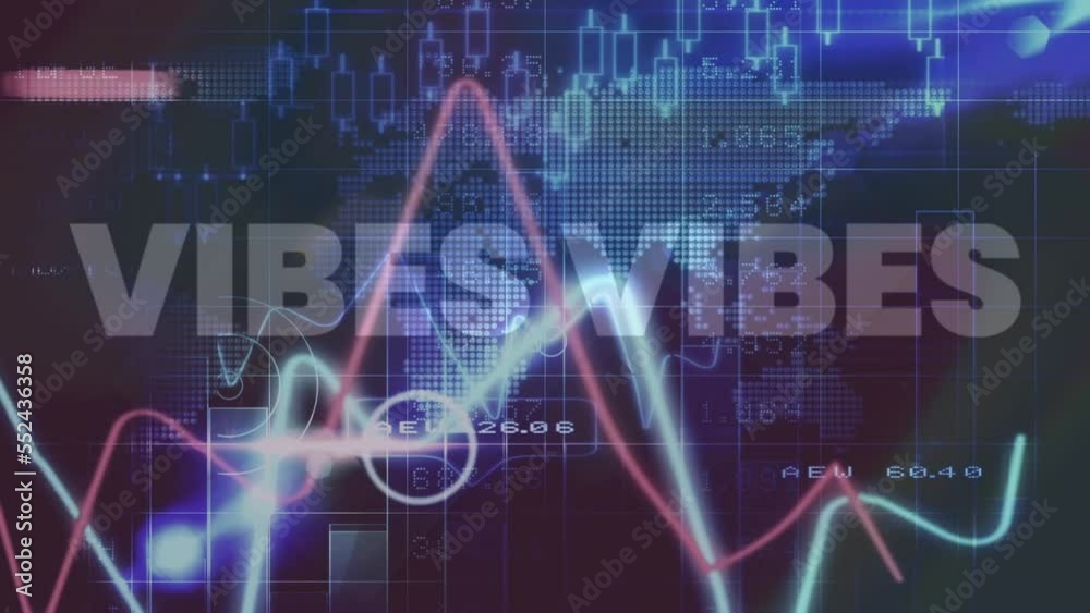 Animation of vibes text over data processing on black background Animation of vibes text over data processing on black background