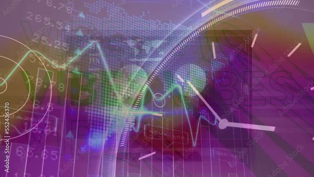 Animation of vibes text over data processing and clock on colorful background Animation of vibes text over data processing and clock on colorful background