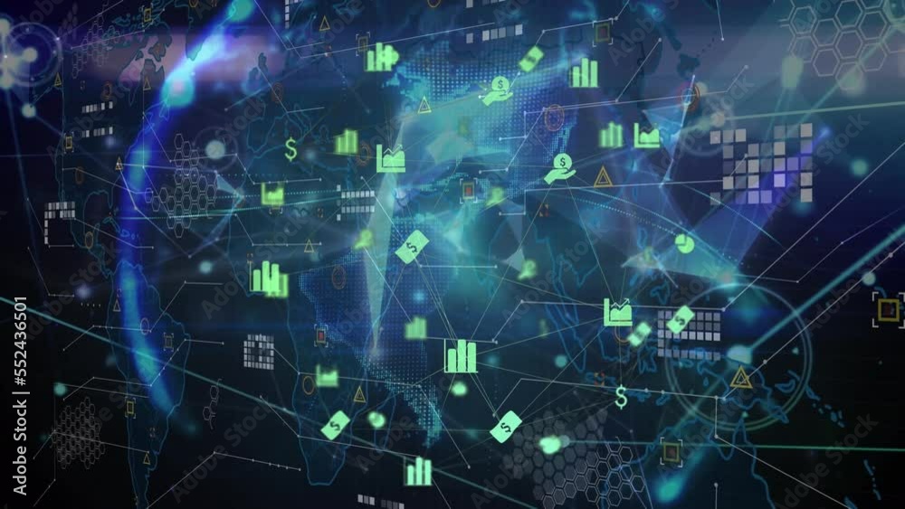 Animation of network of connections with world map and globe on black background Animation of network of connections with world map and globe on black background