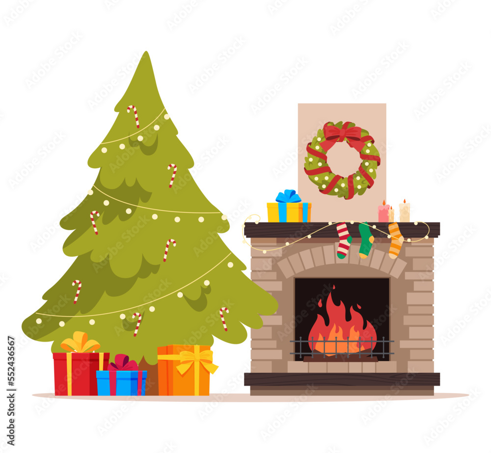 New Year fireplace with a Christmas tree and gifts. Holiday mood. A warm cozy home. Relaxing by the fireplace. Vector illustration
