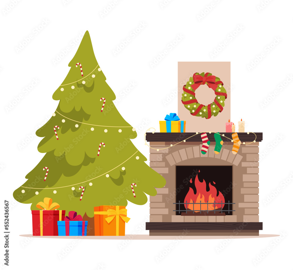 New Year fireplace with a Christmas tree and gifts. Holiday mood. A warm cozy home. Relaxing by the fireplace. Vector illustration New Year fireplace with a Christmas tree and gifts. Holiday mood. A warm cozy home. Relaxing by the fireplace. Vector illustration