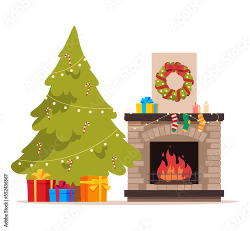 New Year fireplace with a Christmas tree and gifts. Holiday mood. A warm cozy home. Relaxing by the fireplace. Vector illustration