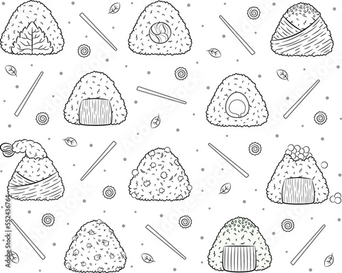 set of Japanese Onigiri rice cute drawing stickers sketch for coloring