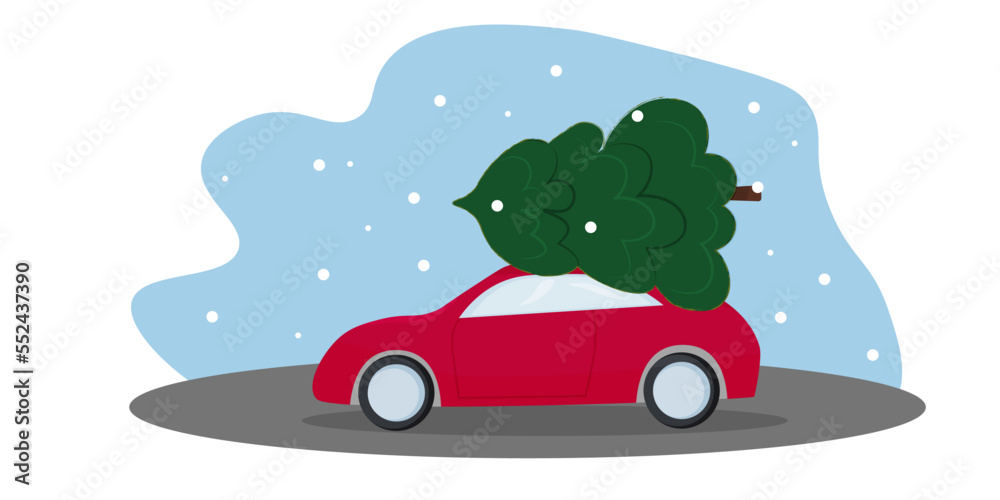 flyer template with a red car carrying a Christmas tree on the roof. Vector illustration. Winter illustration.