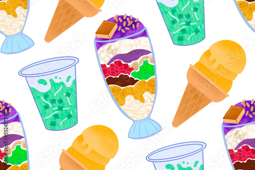 Filipino halo-halo, cheese sorbetes, and buko pandan illustrated pattern photo