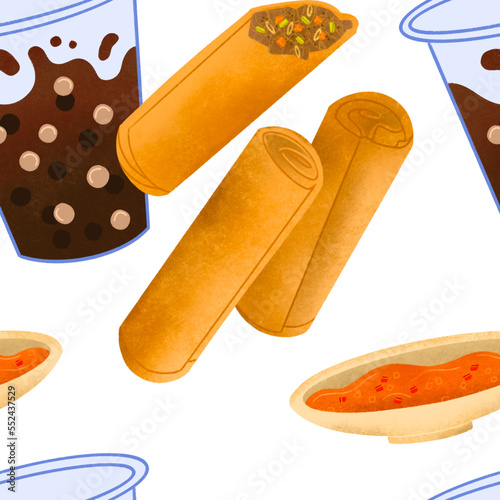 Filipino lumpia spring rolls with sweet and sour sauce and sago gulaman illustrated pattern photo