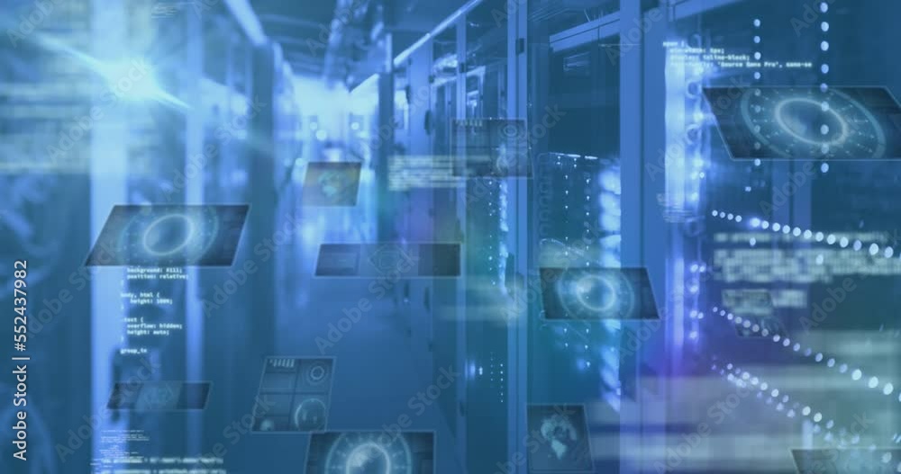Animation of data processing over server room Animation of data processing over server room