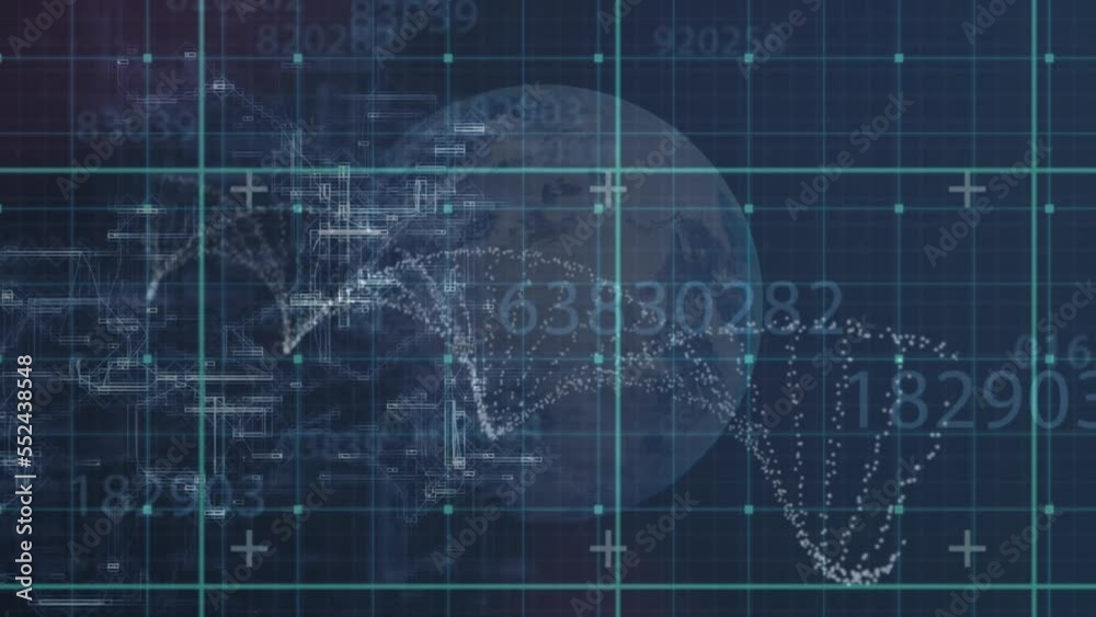 A digital animation of a blue 3d dna strand spinning on a globe and changing numbers A digital animation of a blue 3d dna strand spinning on a globe and changing numbers