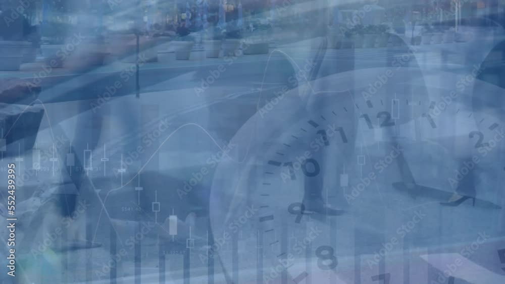Animation of data processing and clock over people walking on street Animation of data processing and clock over people walking on street
