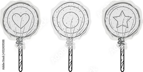 set of Korean Dalgona candy shapes with wrap and stick sketch for coloring