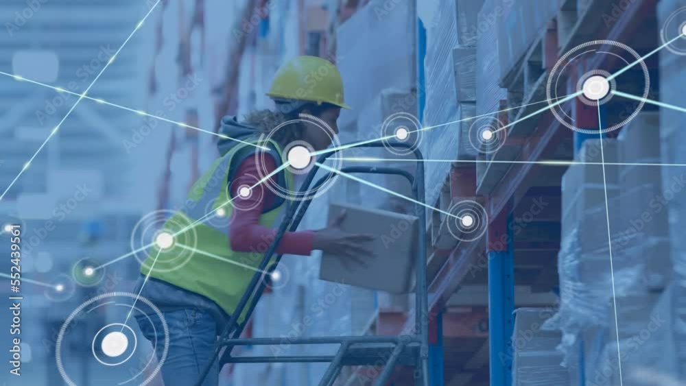 Animation of network of connections over african american female worker in warehouse Animation of network of connections over african american female worker in warehouse