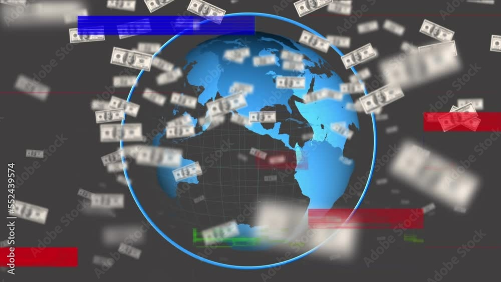 Animation of interference over dollar bills and globe on black background Animation of interference over dollar bills and globe on black background