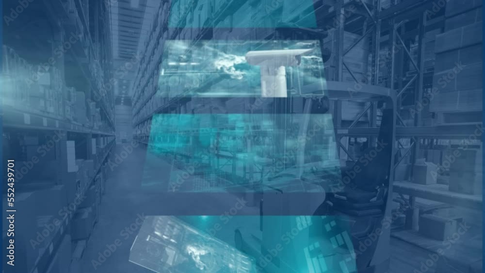 Animation of data processing and connections on screens over forklift in warehouse Animation of data processing and connections on screens over forklift in warehouse