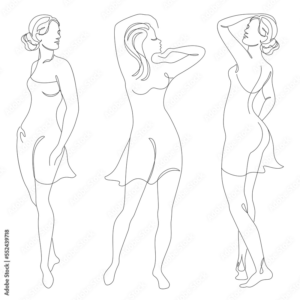 Collection. Girl silhouettes in modern single line style. Women's line art continuous line drawing, decor aesthetic outline, posters, wall art, stickers, logo. Vector illustration set.