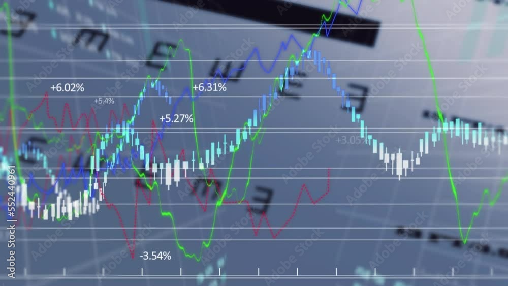 Animation of financial and stock market data processing over snellen eye chart on white background Animation of financial and stock market data processing over snellen eye chart on white background