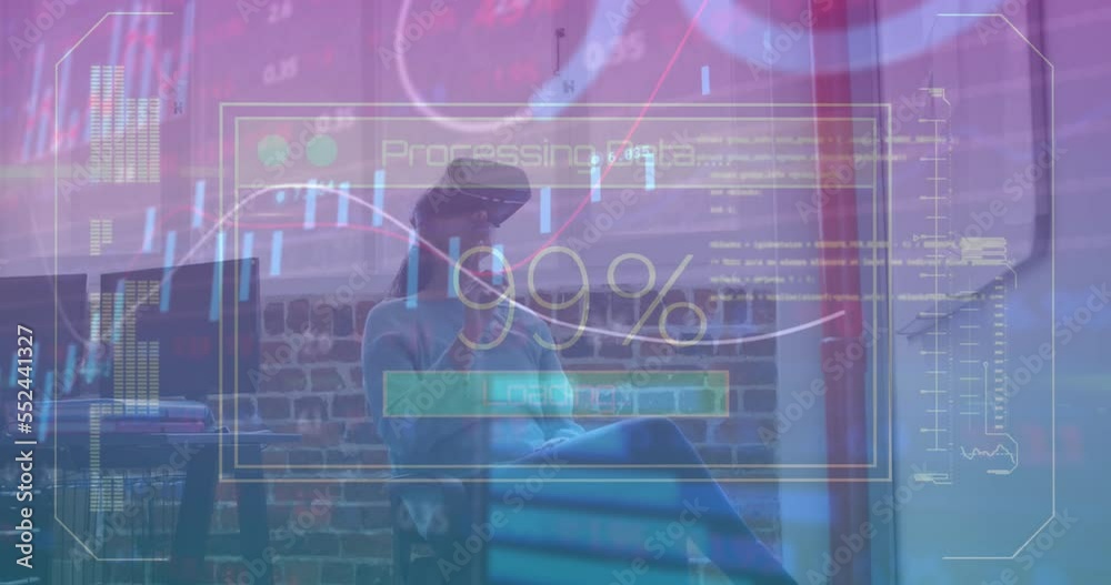 Animation of data processing over woman wearing vr headset at office Animation of data processing over woman wearing vr headset at office