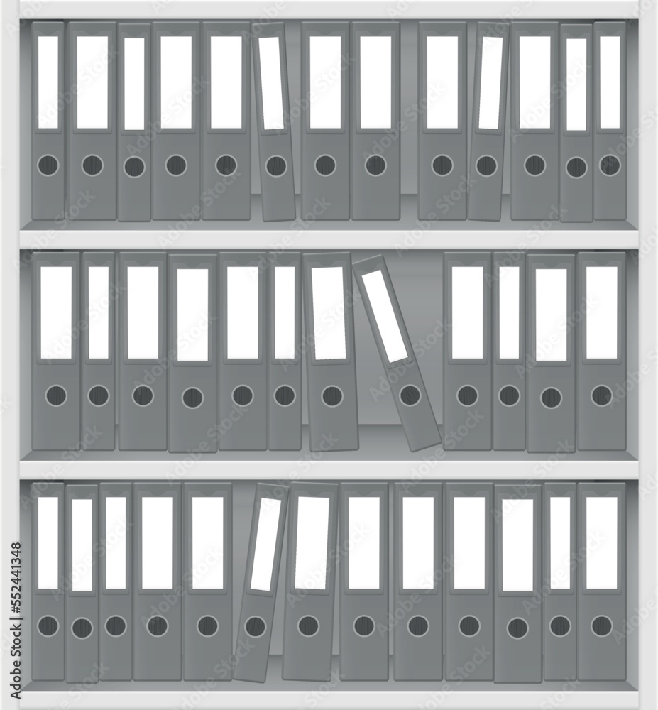 Gray ring binders brimful packed in a white book case, for a lot of office work. Tick and thin unlabeled file folder set. Vector illustration.
Gray ring binders brimful packed in a white book case, for a lot of office work. Tick and thin unlabeled file folder set. Vector illustration.