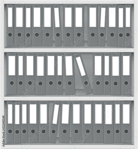 Gray ring binders brimful packed in a white book case, for a lot of office work. Tick and thin unlabeled file folder set. Vector illustration.
