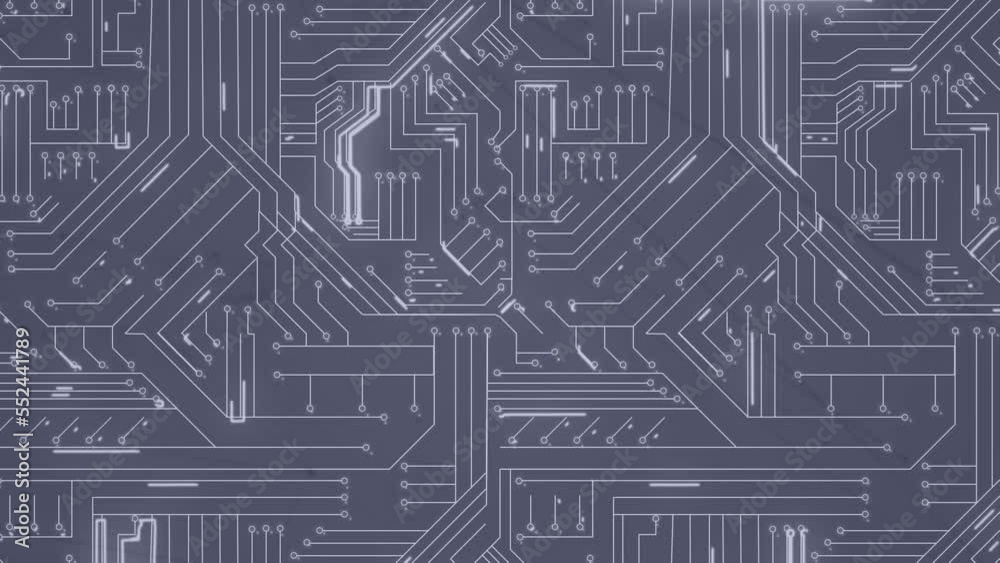 Animation of light trails over microprocessor connections against grey background Animation of light trails over microprocessor connections against grey background