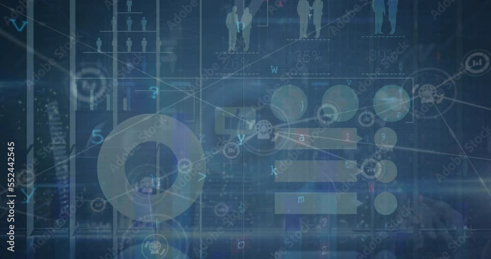 Animation of network of digital icons over cyber security data processing against blue background
