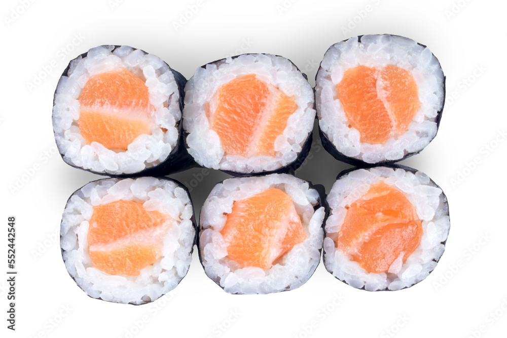 Six pieces of salmon maki sushi roll top view isolated on white. Six pieces of salmon maki sushi roll top view isolated on white.