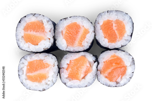 Six pieces of salmon maki sushi roll top view isolated on white.