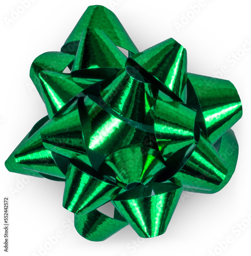 Green shiny bow for gifts and presents decoration isolated on white.