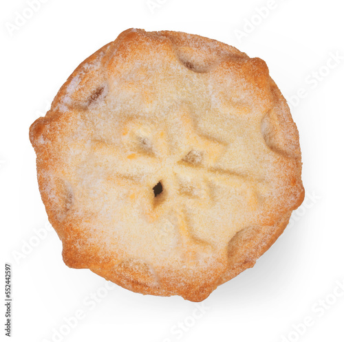 Traditional british christmas mince pie isolated on white top view.