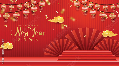 Red chinese new year podium display with chinese style.