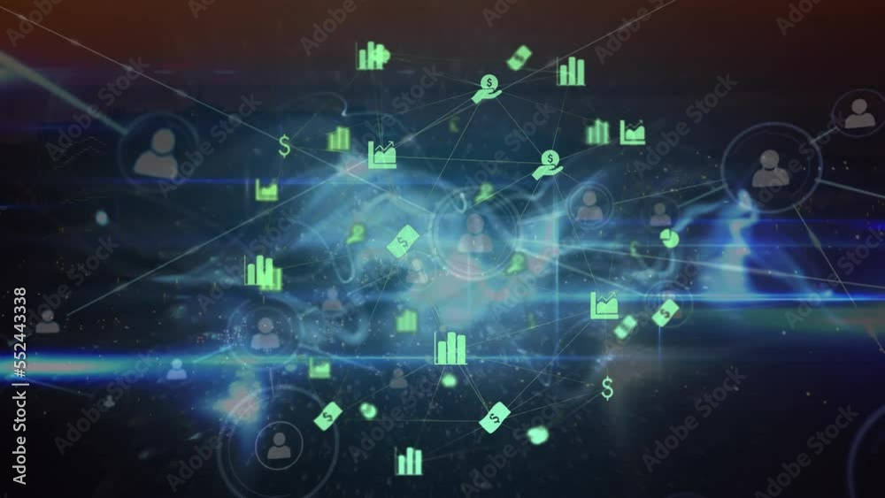 Animation of network of profile icons and globe of financial icons against blue digital wave Animation of network of profile icons and globe of financial icons against blue digital wave