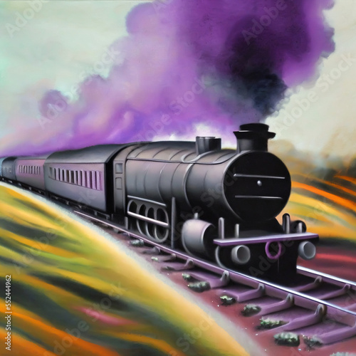 steam train in the countryside with purple smoke