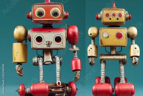 vintage robots side by side, 3d render