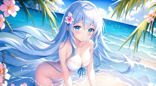 anime japanese girl big blue eyes on sea