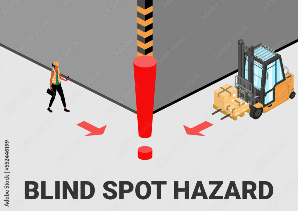 Forklift safety. Blind spot hazard. Isometric illustration with a forklift and a worker just before a possible accident. Vector.
