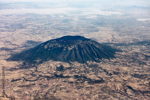 An aerial view of the mountain of zik'wala terara, an extinct volcano with a crater lake at the top in Ethiopia. photo