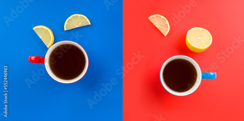 Tea cups in red and blue on red and blue background. Valentines day concept. Wide photo.