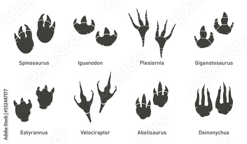 Silhoutte dinosaur footprint vector set. Paleontology, history vintage. Paleontology dinosaur traces illustration.