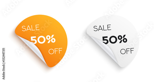 50 percent off discount stickers tag. Realistic round orange and white badges with curved edge. Template design for advertising campaign in retail, sale promo marketing. 3d vector illustration