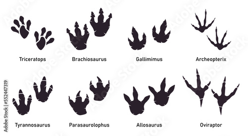 Silhoutte dinosaur footprint vector set. Paleontology, history vintage. Paleontology dinosaur traces illustration.