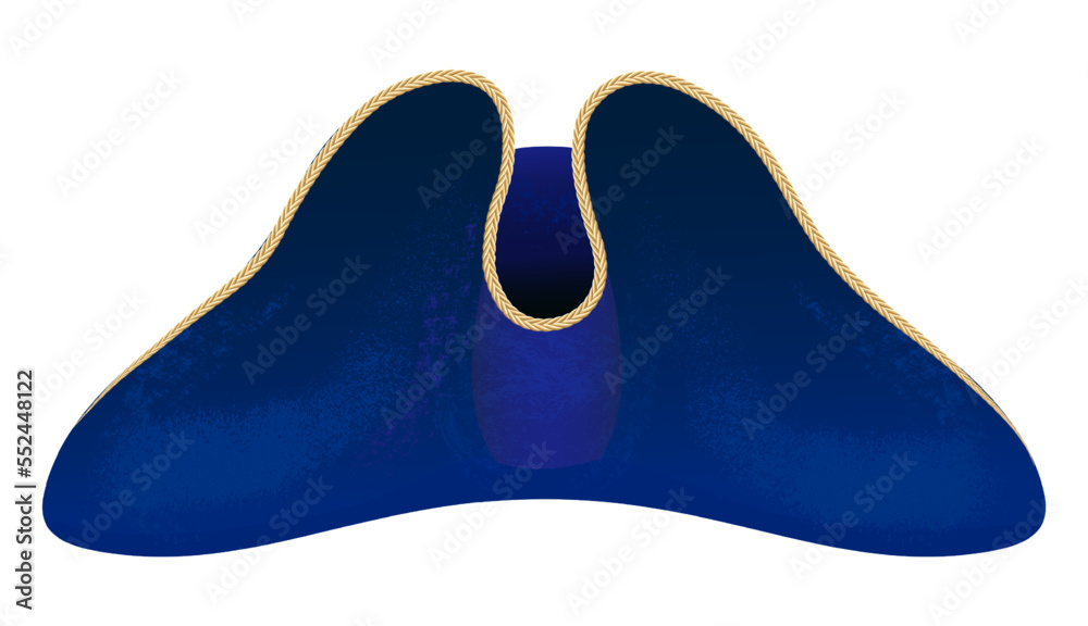 Obraz premium Blue captain's cocked hat, an element of clothing for pirates and sailors, part of a masquerade costume for parties, holidays, festivals, masquerades
