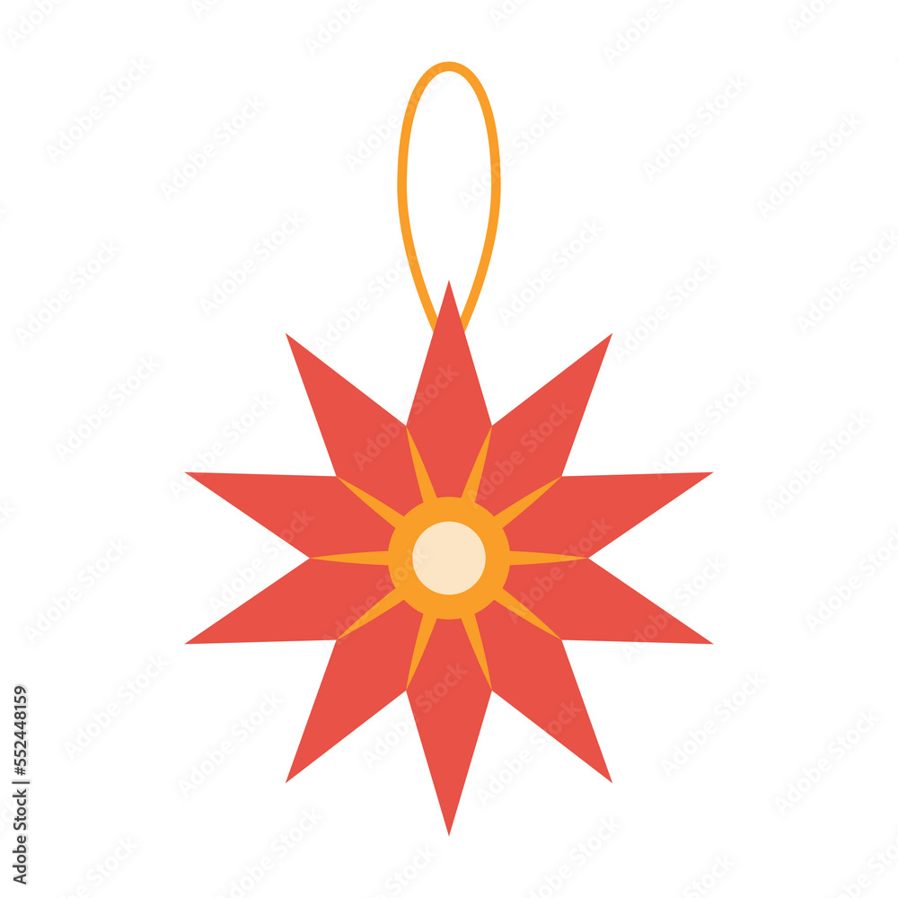 Christmas tree red star toys, New Year and xmas design element. Seasonal winter holidays. Vector flat illustration