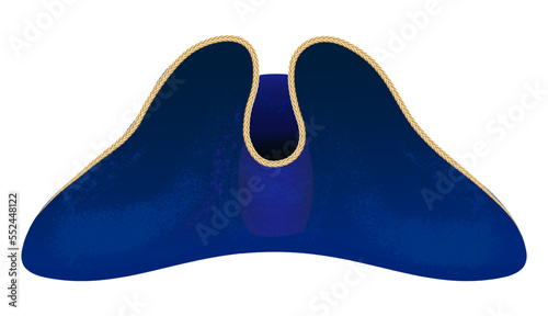Blue captain's cocked hat, an element of clothing for pirates and sailors, part of a masquerade costume for parties, holidays, festivals, masquerades