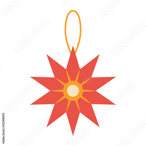 Christmas tree red star toys, New Year and xmas design element. Seasonal winter holidays. Vector flat illustration