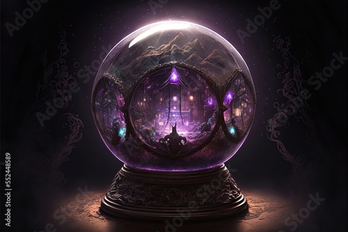 Magic crystal glass ball. Neon light, neon. Fantasy ball, predictions of the future, divination. AI