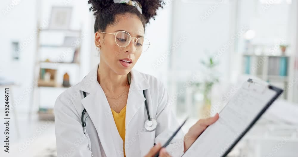 Documents, insurance and doctor consulting patient in office for cervical collar support of healthcare advice, test results and paperwork. Medical black woman consultation senior or elderly in clinic Documents, insurance and doctor consulting patient in office for cervical collar support of healthcare advice, test results and paperwork. Medical black woman consultation senior or elderly in clinic